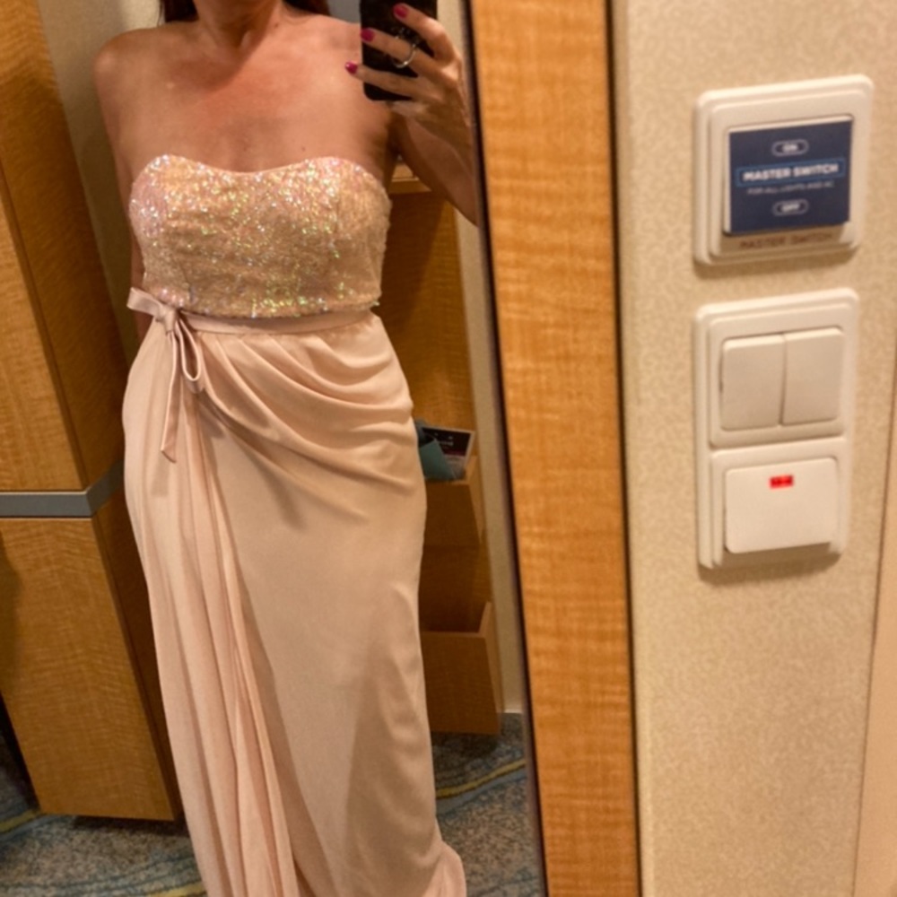 Badgley Mischka Blush full length formal dress. Sequined top